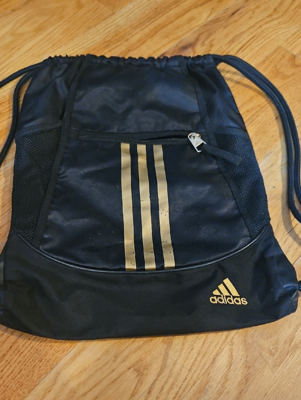 Adidas Men's Black Drawstring Gym Bag with Gold Stripes